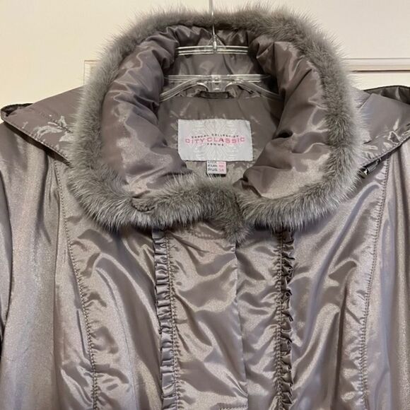 WINTER WOMAN HOODED WATER RESISTANT SILVER GREY GENUINE MINK FLORAL - Picture 3 of 16